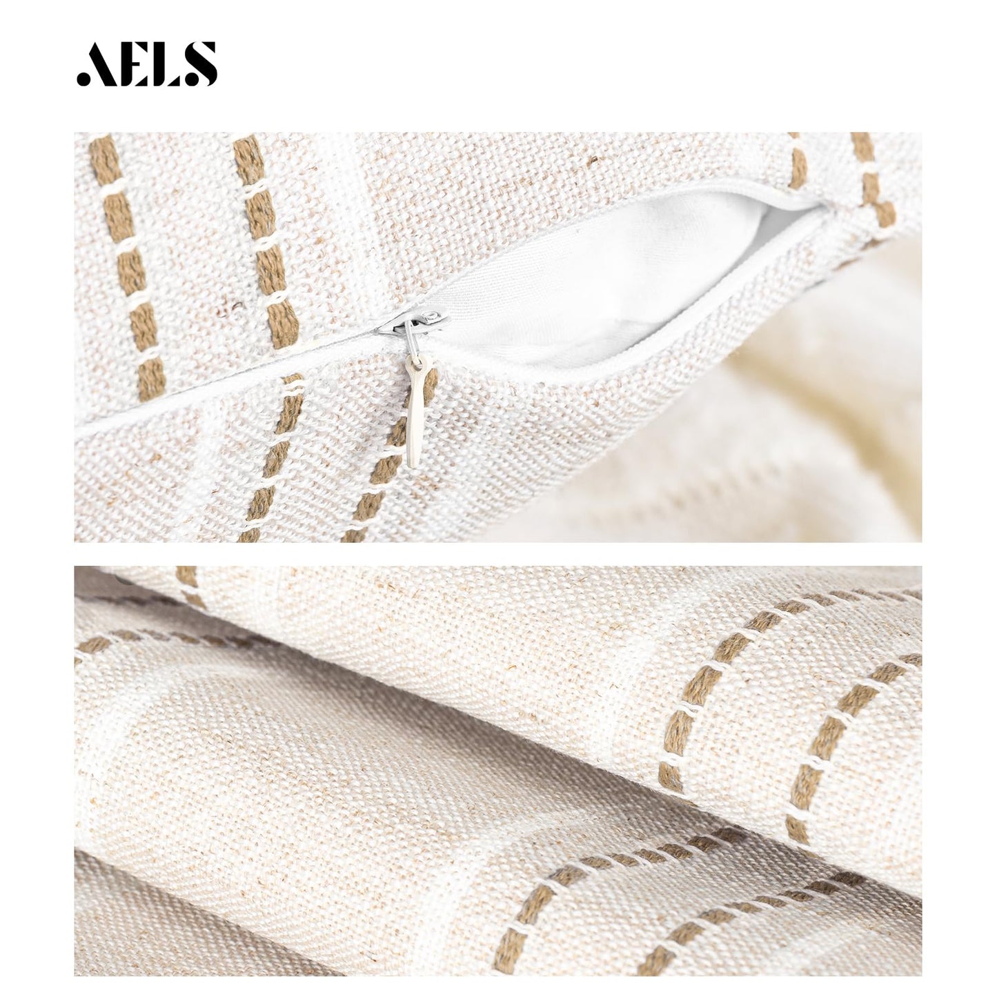 AELS 14x36 Decorative Lumbar Throw Pillow Covers, Farmhouse Linen Textured Long Pillow Case, Beige with White & Navy Blue Stitch Boho Cushion Cover for Couch Living Room (Cover ONLY)