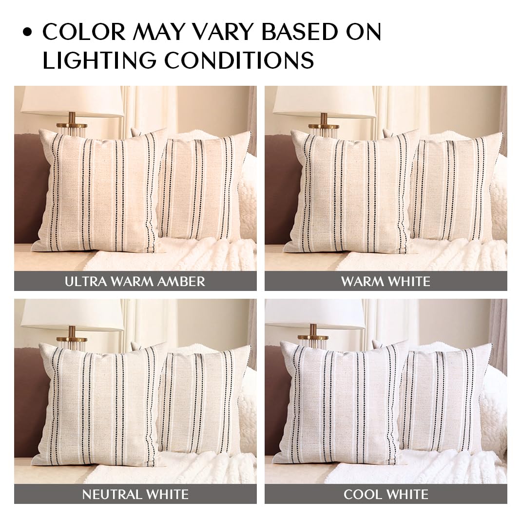 AELS 14x36 Decorative Lumbar Throw Pillow Covers, Farmhouse Linen Textured Long Pillow Case, Beige with White & Navy Blue Stitch Boho Cushion Cover for Couch Living Room (Cover ONLY)