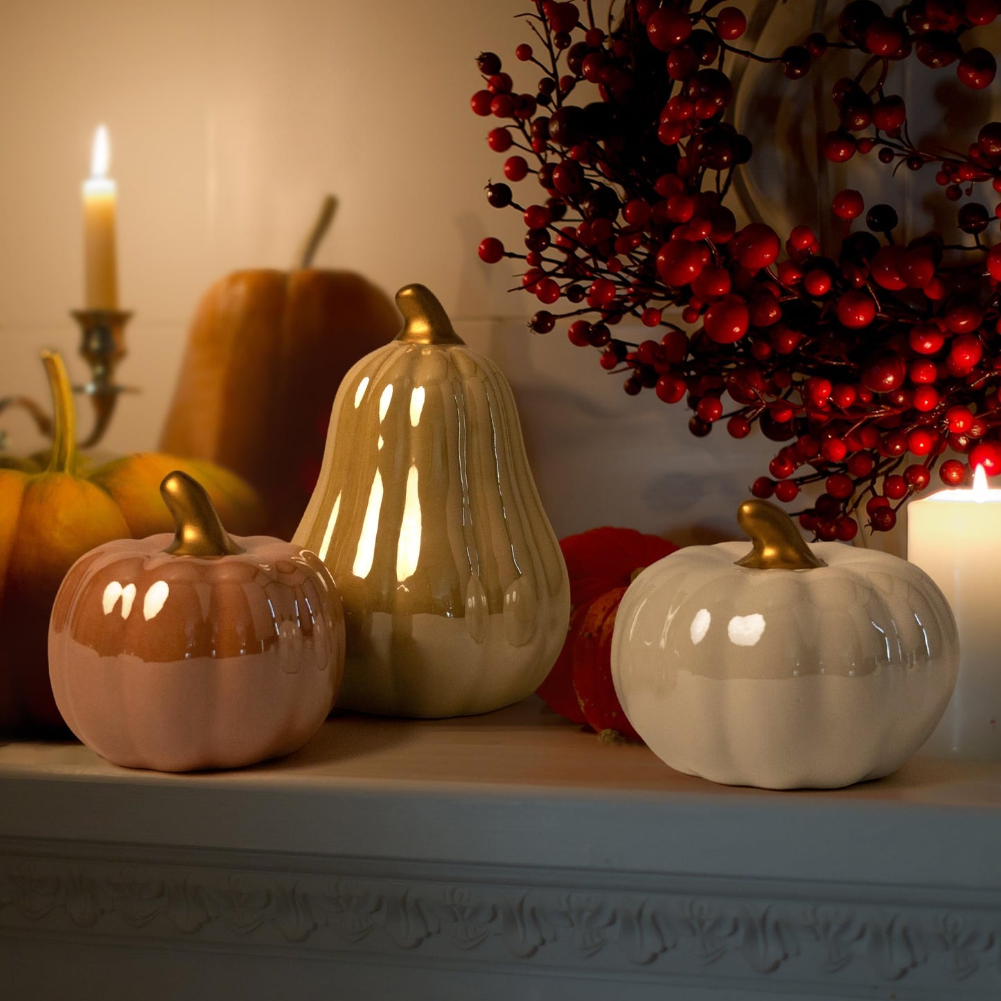 AELS Modern Ceramic Pumpkins Fall Decor Indoor, Set of 3 Chic Tabletop Decorations, Artificial Pumpkins Decor for Fall Table Runner, Office, Holiday Party Home, Black and White