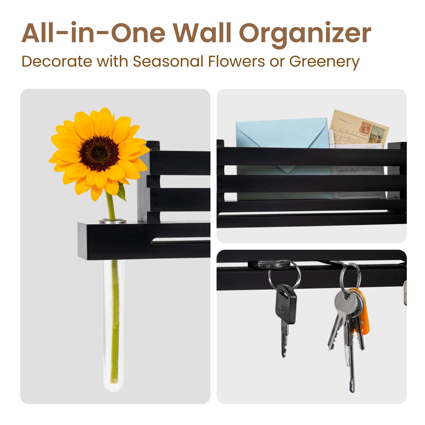 AELS Black Wall Mounted Key Holder with Acrylic Vase & Mail Organizer, Wooden Entryway Key Rack with 5.9" Test Tube Vase, Decorative Key Hanger with Slot for Keys and Letters, Gift Idea
