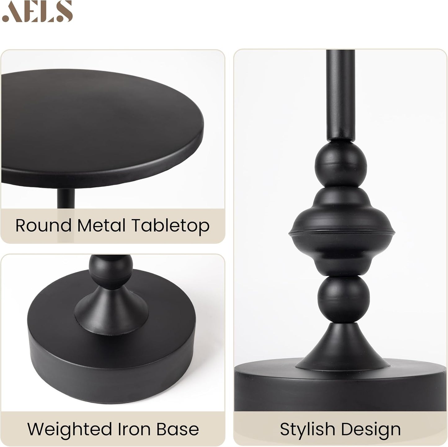 AELS Mid Century Modern Accent Drink Table, 11.8" Round Black Side Table with Metal Top and Base, Small End Table Nightstand for Living Room, Bedroom, Office, or Entryway