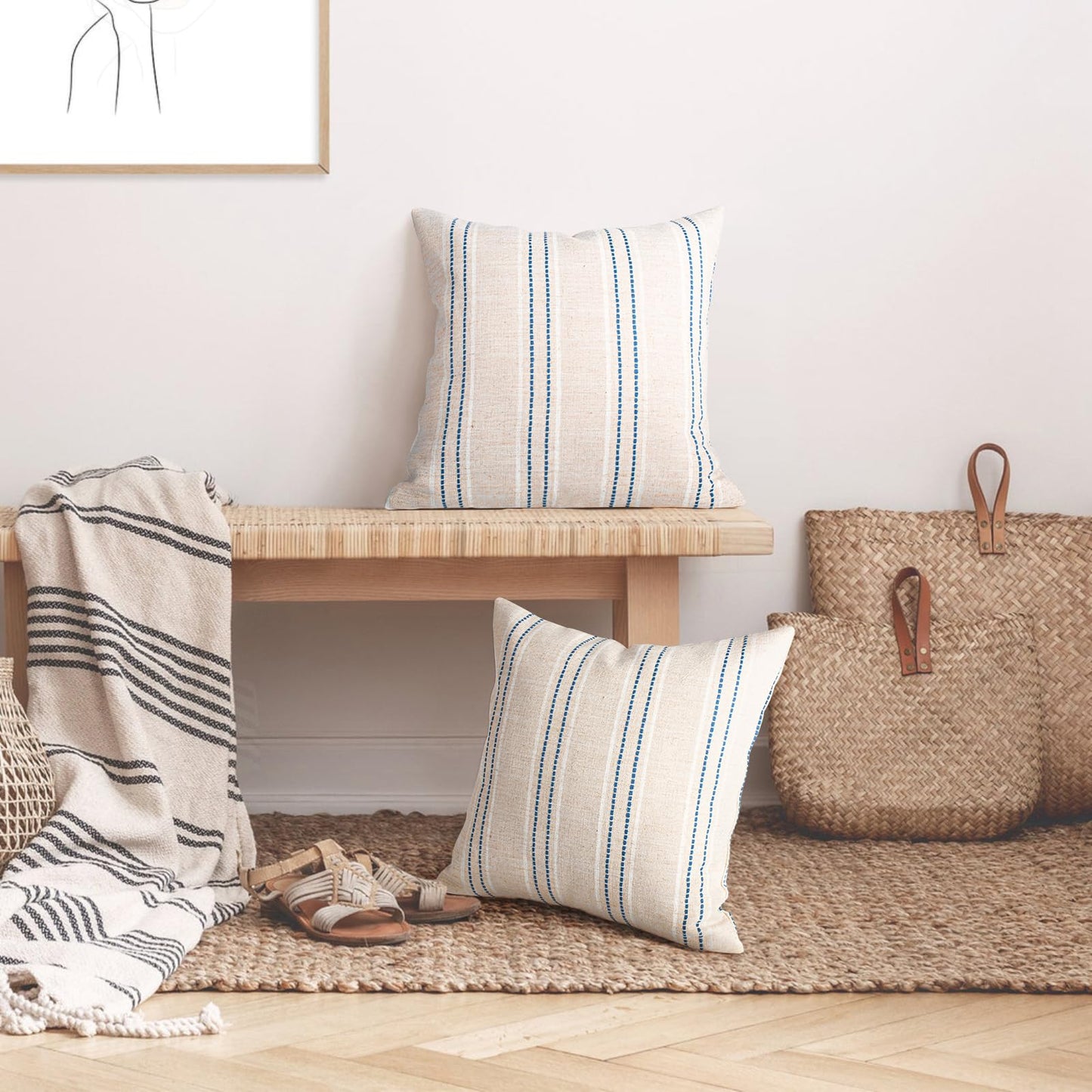 AELS 14x36 Decorative Lumbar Throw Pillow Covers, Farmhouse Linen Textured Long Pillow Case, Beige with White & Navy Blue Stitch Boho Cushion Cover for Couch Living Room (Cover ONLY)