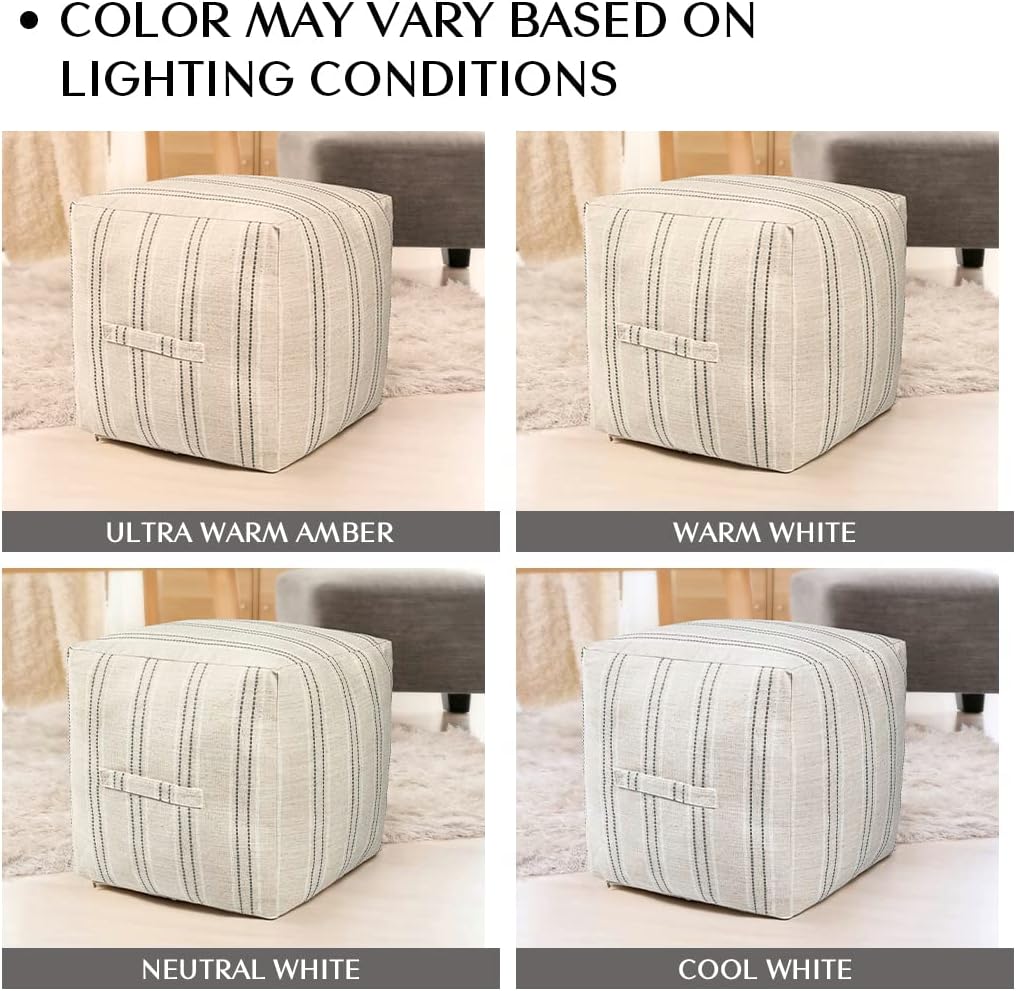 AELS Unstuffed Farmhouse Pouf Cover for Living Room, Storage Bean Bag Cubes, Off Beige & Light Brown Stripes Linen Square Ottoman Pouf Foot Rest Footstool, 18"x18"x18", Cover ONLY