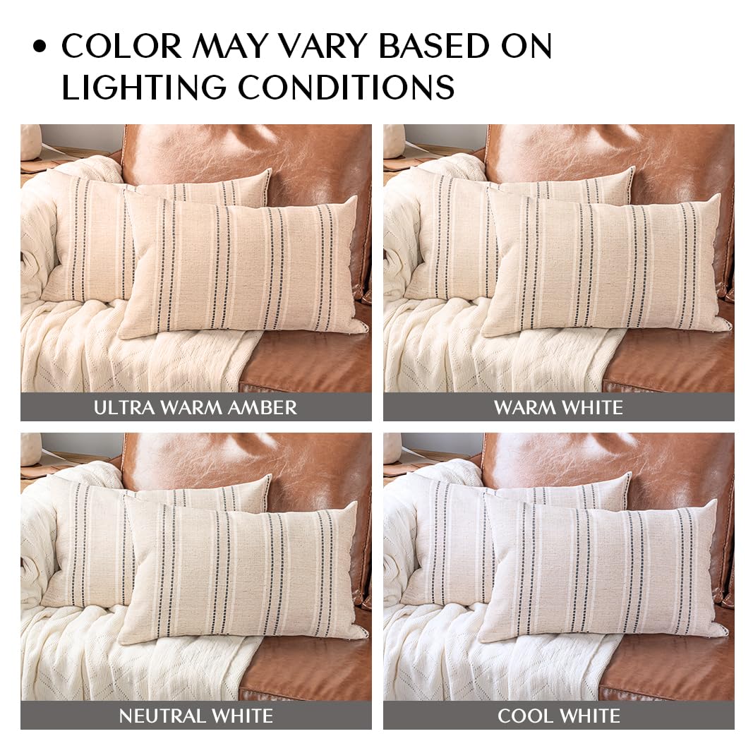 AELS 14x36 Decorative Lumbar Throw Pillow Covers, Farmhouse Linen Textured Long Pillow Case, Beige with White & Navy Blue Stitch Boho Cushion Cover for Couch Living Room (Cover ONLY)