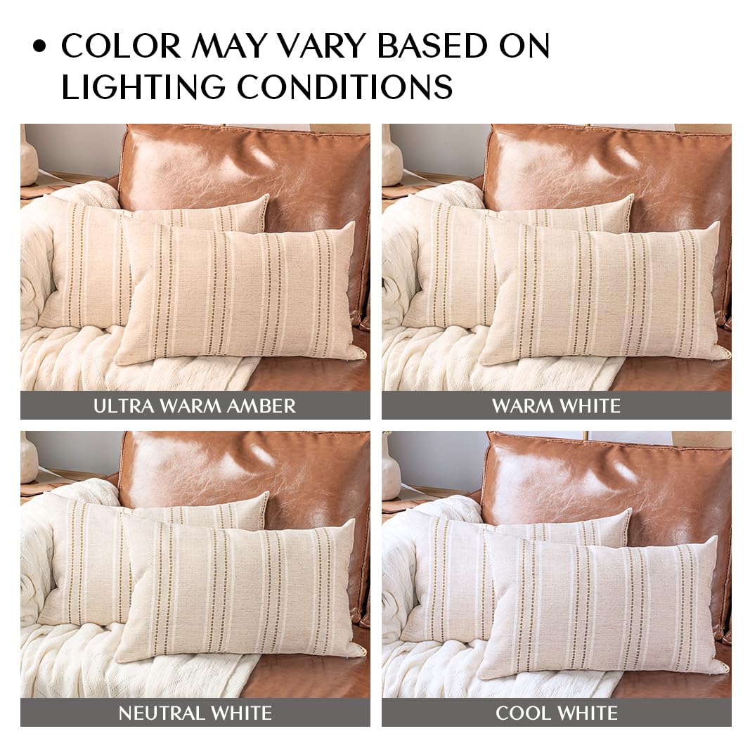 AELS 14x36 Decorative Lumbar Throw Pillow Covers, Farmhouse Linen Textured Long Pillow Case, Beige with White & Navy Blue Stitch Boho Cushion Cover for Couch Living Room (Cover ONLY)