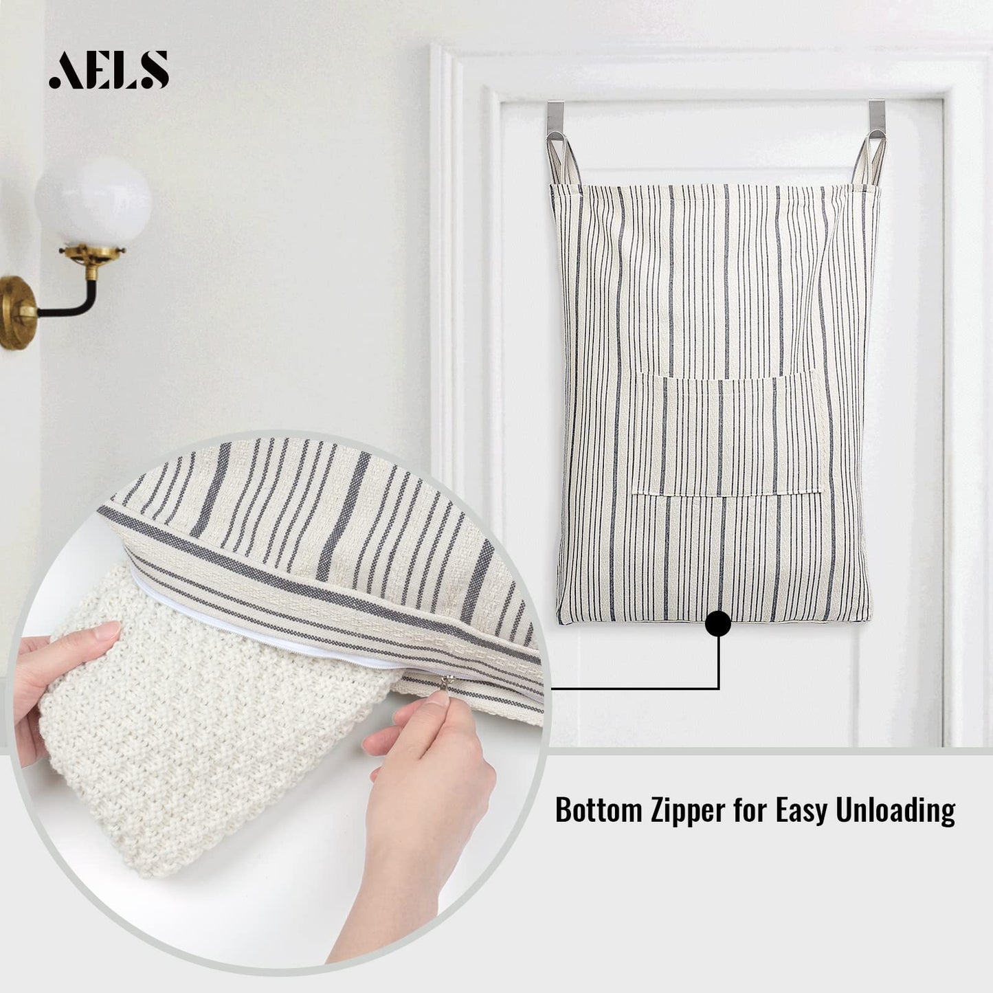 AELS Farmhouse Hanging Laundry Hamper with 2 Hooks, Washable Beige & Stripes Laundry Bag with Zipper & Wide Open Top, Over the Door Organizer for Dirty Clothes, Space Saving Storage