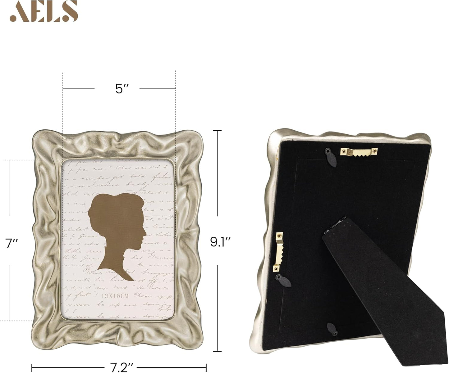 AELS 5x7 Inch Satin Nickel Ruffled Textured Scalloped Picture Frame, Wavy Organic Modern Mid Century Modern Antique Photo Frame with Glass Front, Tabletop Wall Hanging, Gift Ideas