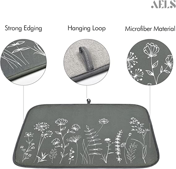 AELS XL 24 x 18 Dish Drying Mat Set of 2 for Kitchen Counter, Reversible  Absorbent Microfiber Dish Drainer/Rack Pads with Hanging Loop, Gray White  Daisy Herbs Leaves — AELS Home