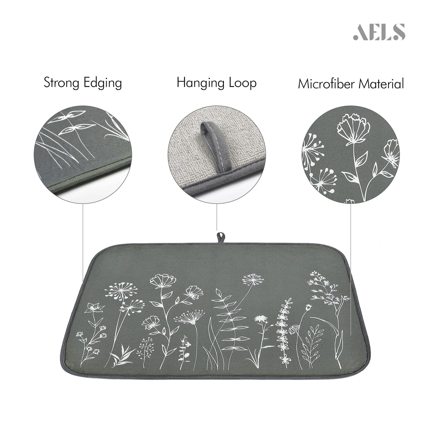 AELS XL 24" x 18" Scalloped Dish Drying Mat, Set of 2, for Kitchen Counter, Sage Green Absorbent Microfiber Dish Drainer/Rack Pads with Hanging Loop