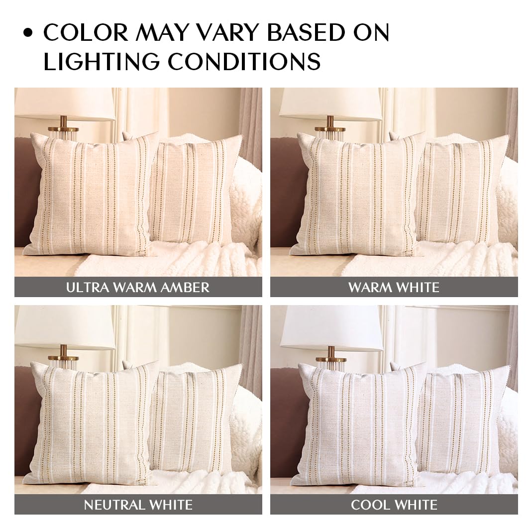 AELS 14x36 Decorative Lumbar Throw Pillow Covers, Farmhouse Linen Textured Long Pillow Case, Beige with White & Navy Blue Stitch Boho Cushion Cover for Couch Living Room (Cover ONLY)
