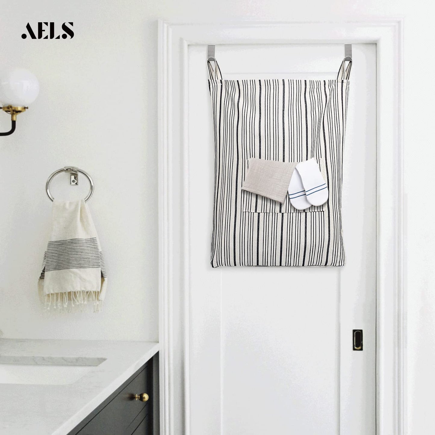 AELS Farmhouse Hanging Laundry Hamper with 2 Hooks, Washable Beige & Stripes Laundry Bag with Zipper & Wide Open Top, Over the Door Organizer for Dirty Clothes, Space Saving Storage