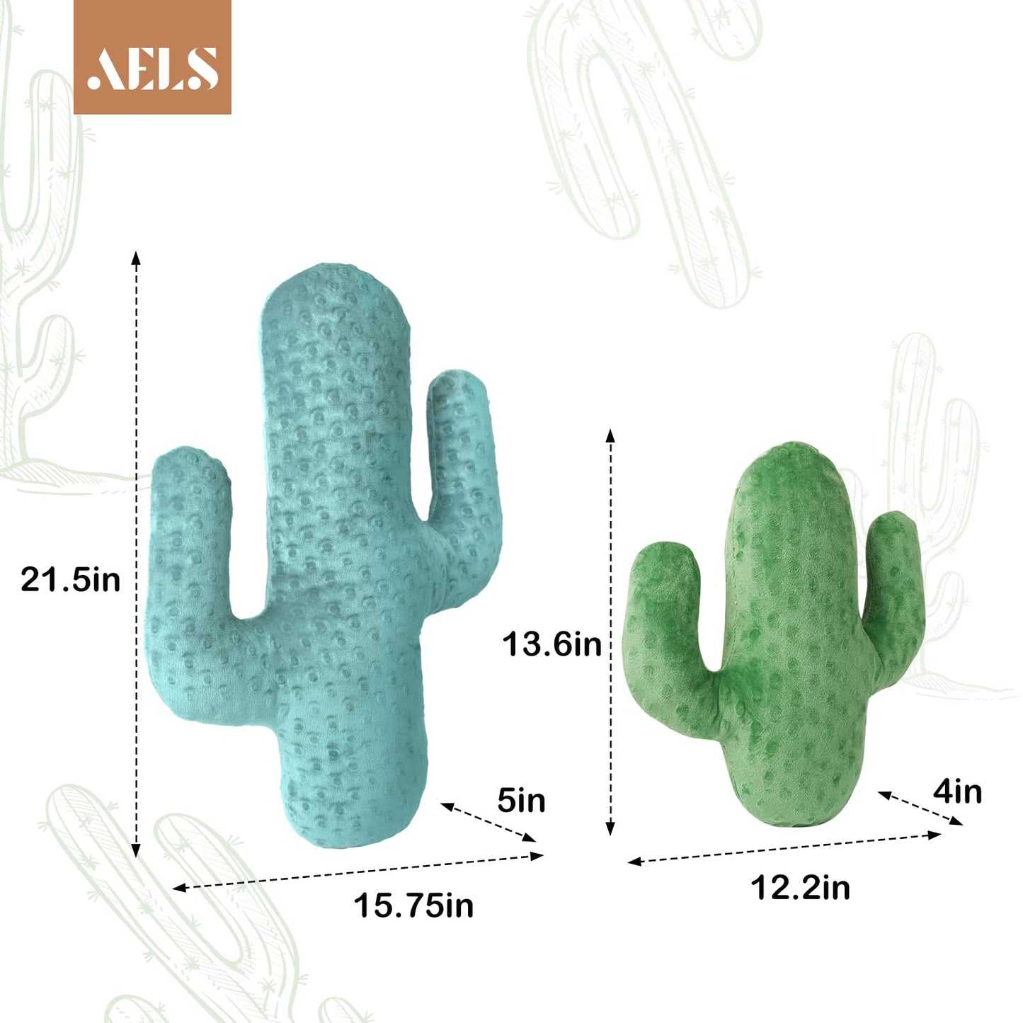 AELS Set of 2 Cactus Decorative Throw Pillows, 22"&14" Corduroy Striped Cactus Plush Pillow Set, Office Nap Pillow, Cute Succulent Throw Pillow for Nursery Bedroom Room Decor, Blue Green & Grass Green