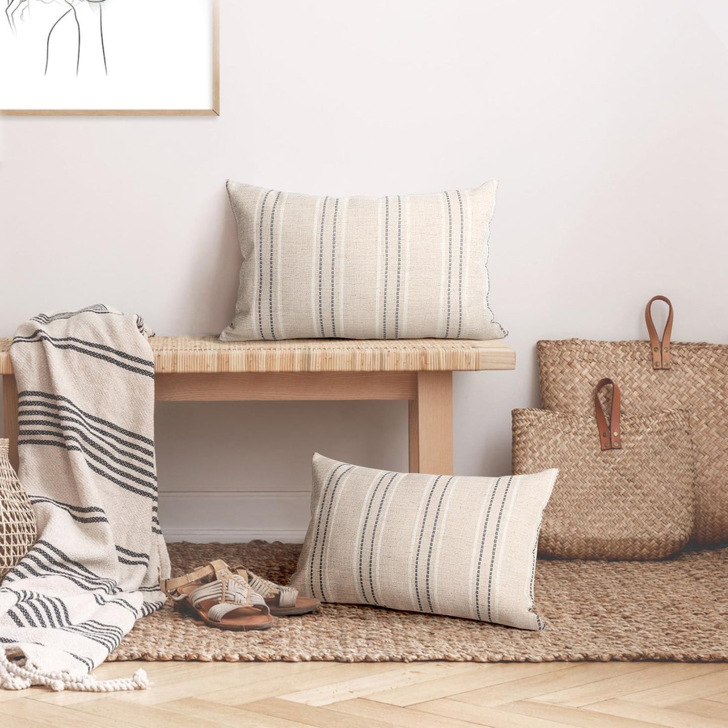 AELS 14x36 Decorative Lumbar Throw Pillow Covers, Farmhouse Linen Textured Long Pillow Case, Beige with White & Navy Blue Stitch Boho Cushion Cover for Couch Living Room (Cover ONLY)