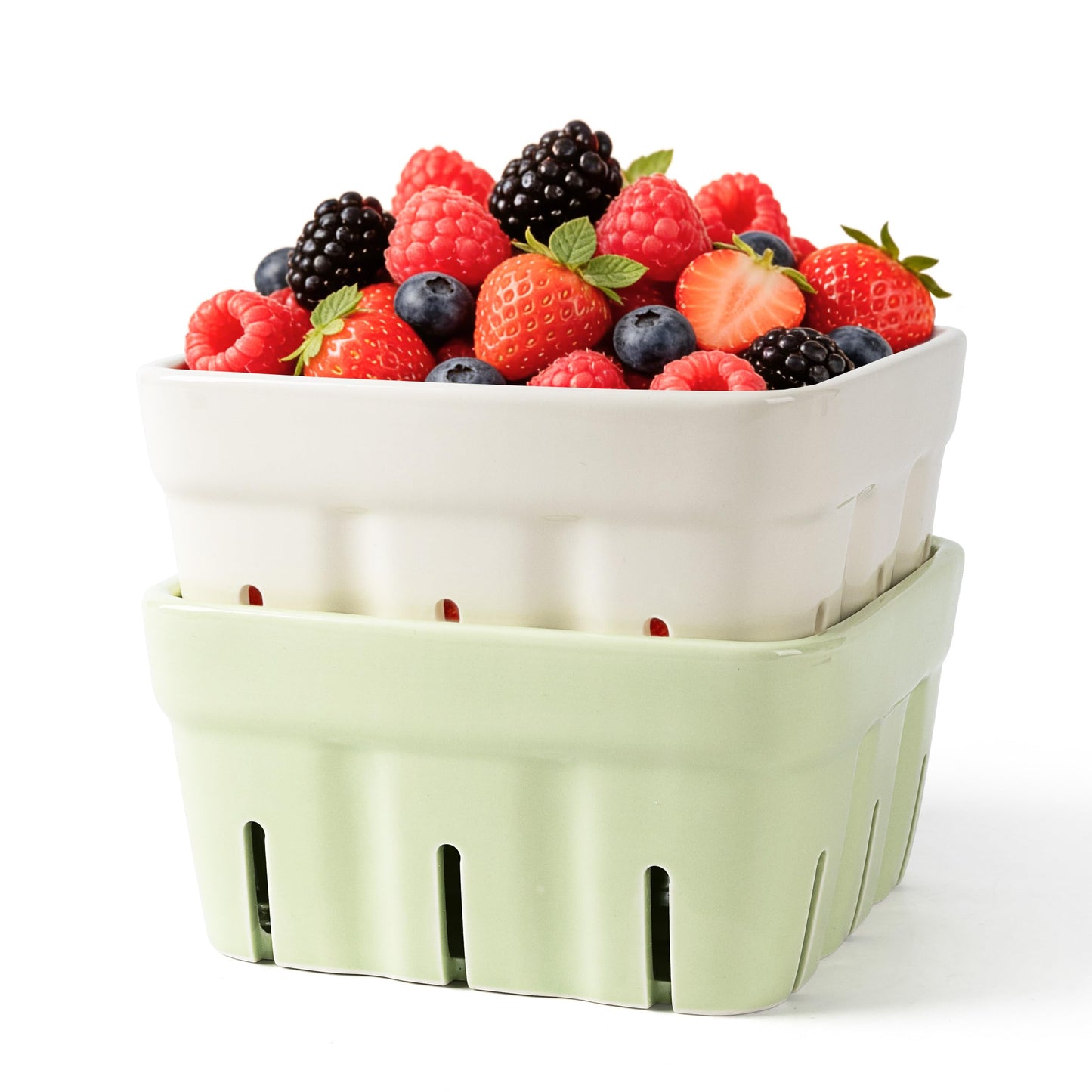 AELS Ceramic Berry Basket, 5.9" Container for Fruit & Vegetables, Farmhouse Fruit Bowl, Strawberry Decor, Farmers Market, Stoneware Harvest Bowls for Kitchen, Cream White and Matcha Latte Green