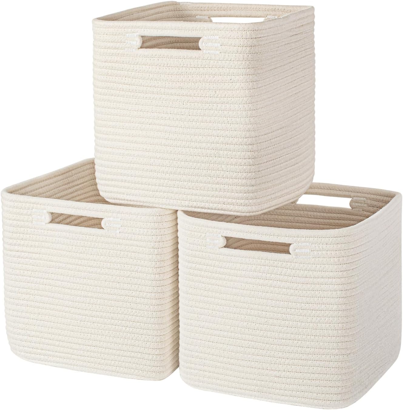 AELS Hand Woven Cotton Basket for Storage, Cube Storage Bins with Handles, Foldable Collapsible Closet Organizers and Storage, Boho Farmhouse Storage Cubes for Shelves, Beige