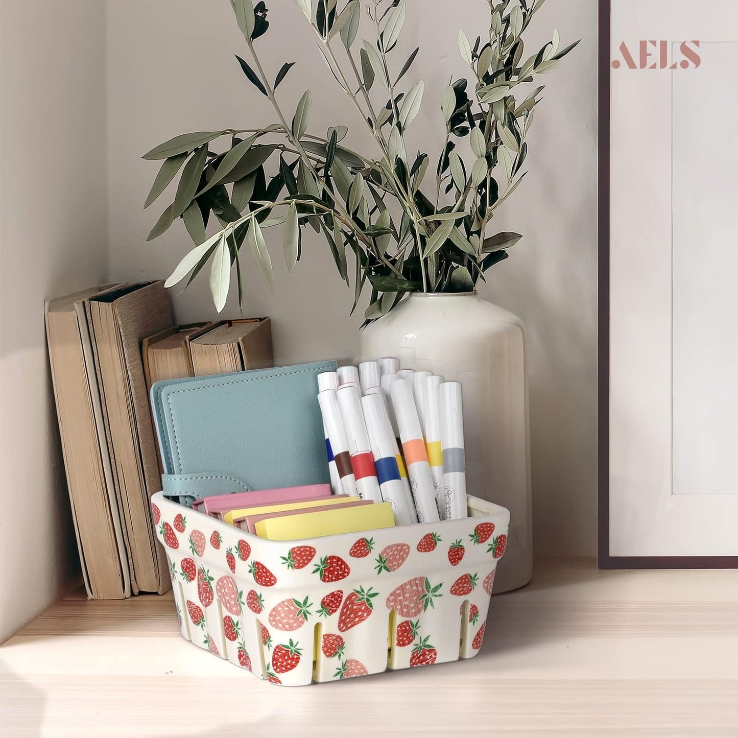 AELS Ceramic Berry Basket, 5.9" Container for Fruit & Vegetables, Farmhouse Fruit Bowl, Strawberry Decor, Farmers Market, Stoneware Harvest Bowls for Kitchen, Cream White and Matcha Latte Green