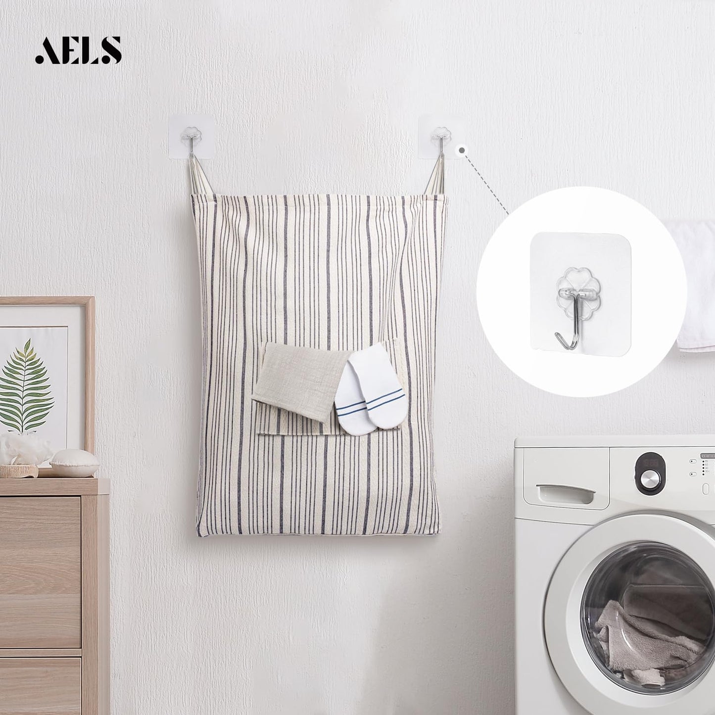 AELS Farmhouse Hanging Laundry Hamper with 2 Hooks, Washable Beige & Stripes Laundry Bag with Zipper & Wide Open Top, Over the Door Organizer for Dirty Clothes, Space Saving Storage