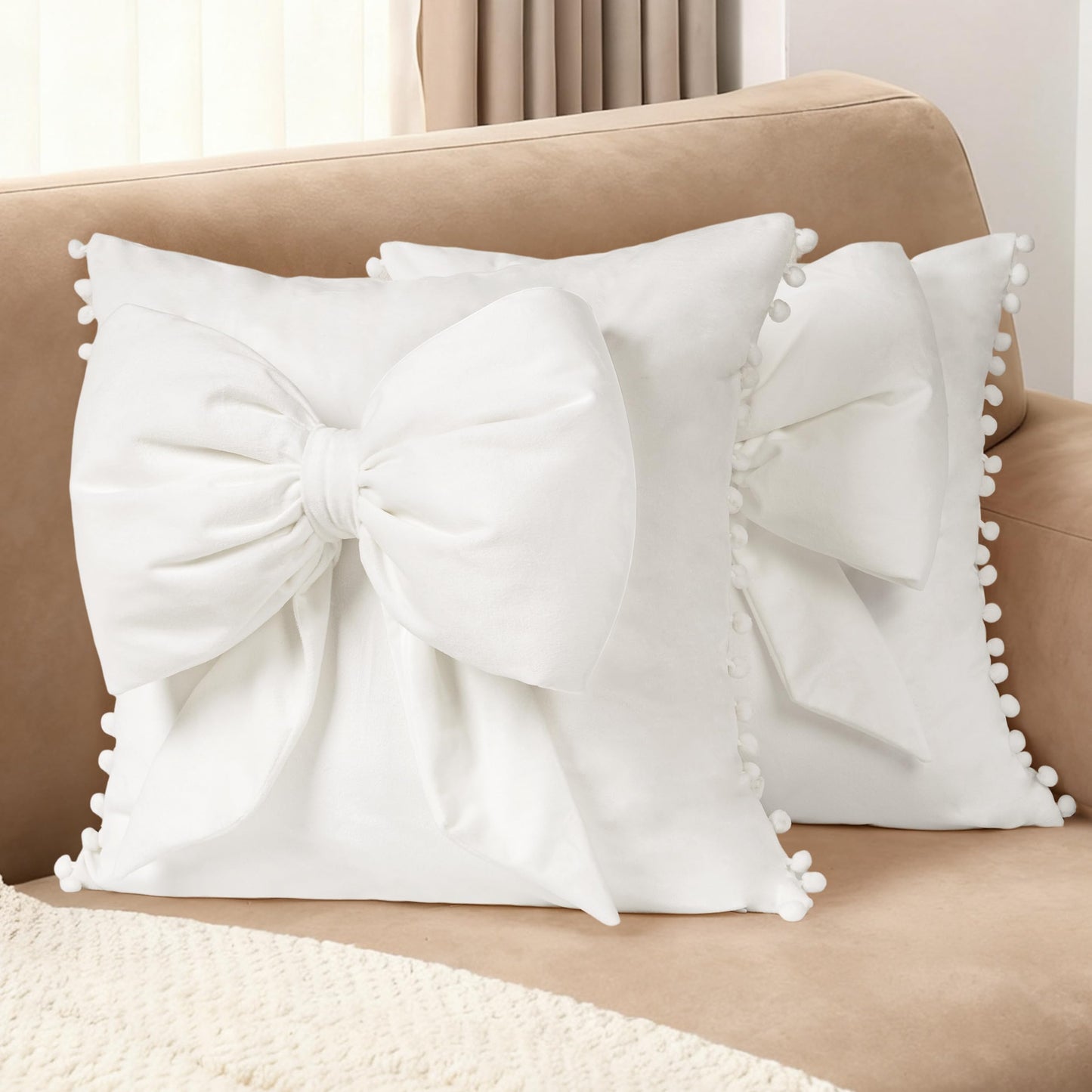 AELS Bow Pillow Cover, 18x18 Bow Decorative Set of 2, Velvet Bowknot Pillow Cover with Pom-poms for Valentine's Day, Wedding, Christmas, Living Room, Bedroom, Nursery Decor, Navy Blue