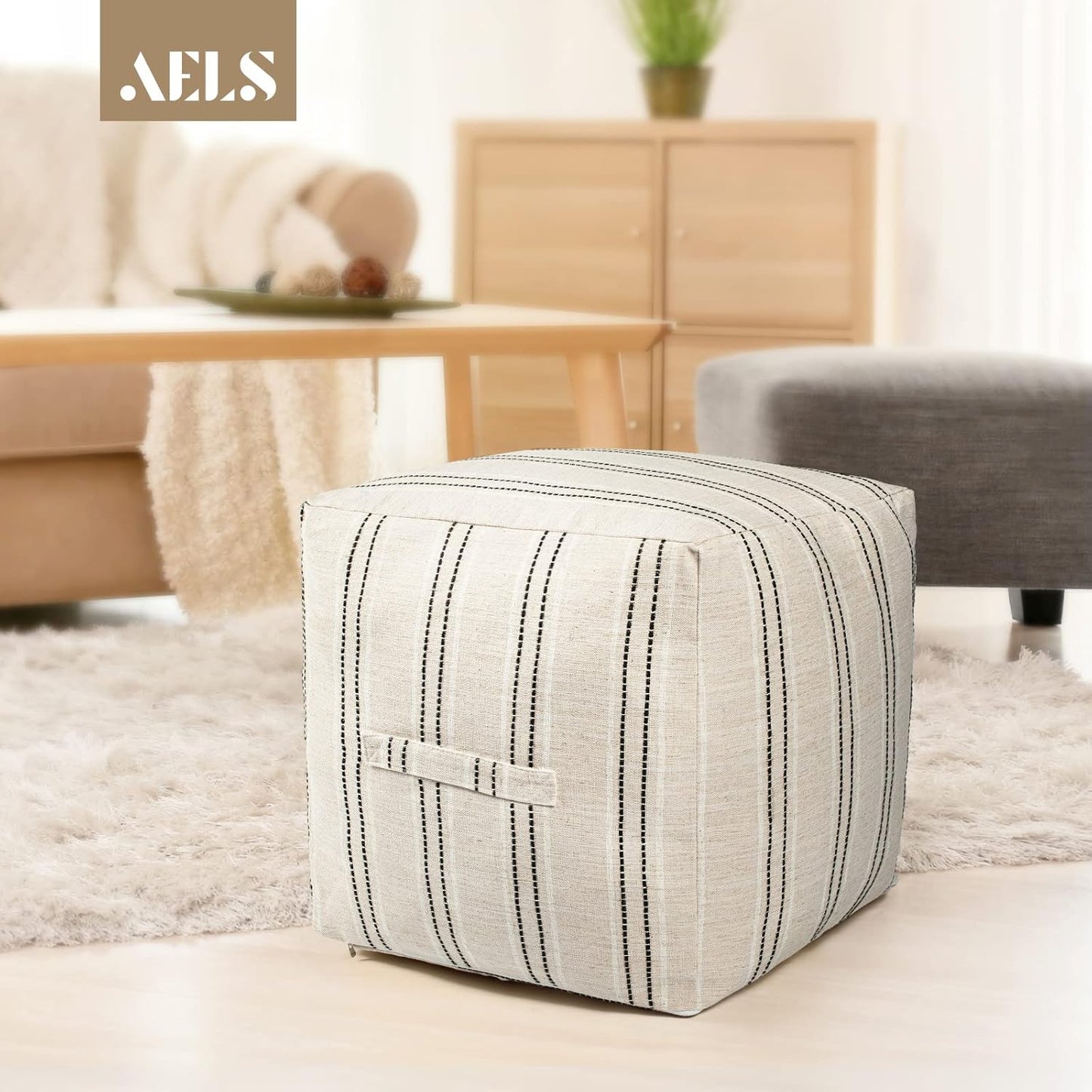 AELS Unstuffed Farmhouse Pouf Cover for Living Room, Storage Bean Bag Cubes, Off Beige & Light Brown Stripes Linen Square Ottoman Pouf Foot Rest Footstool, 18"x18"x18", Cover ONLY