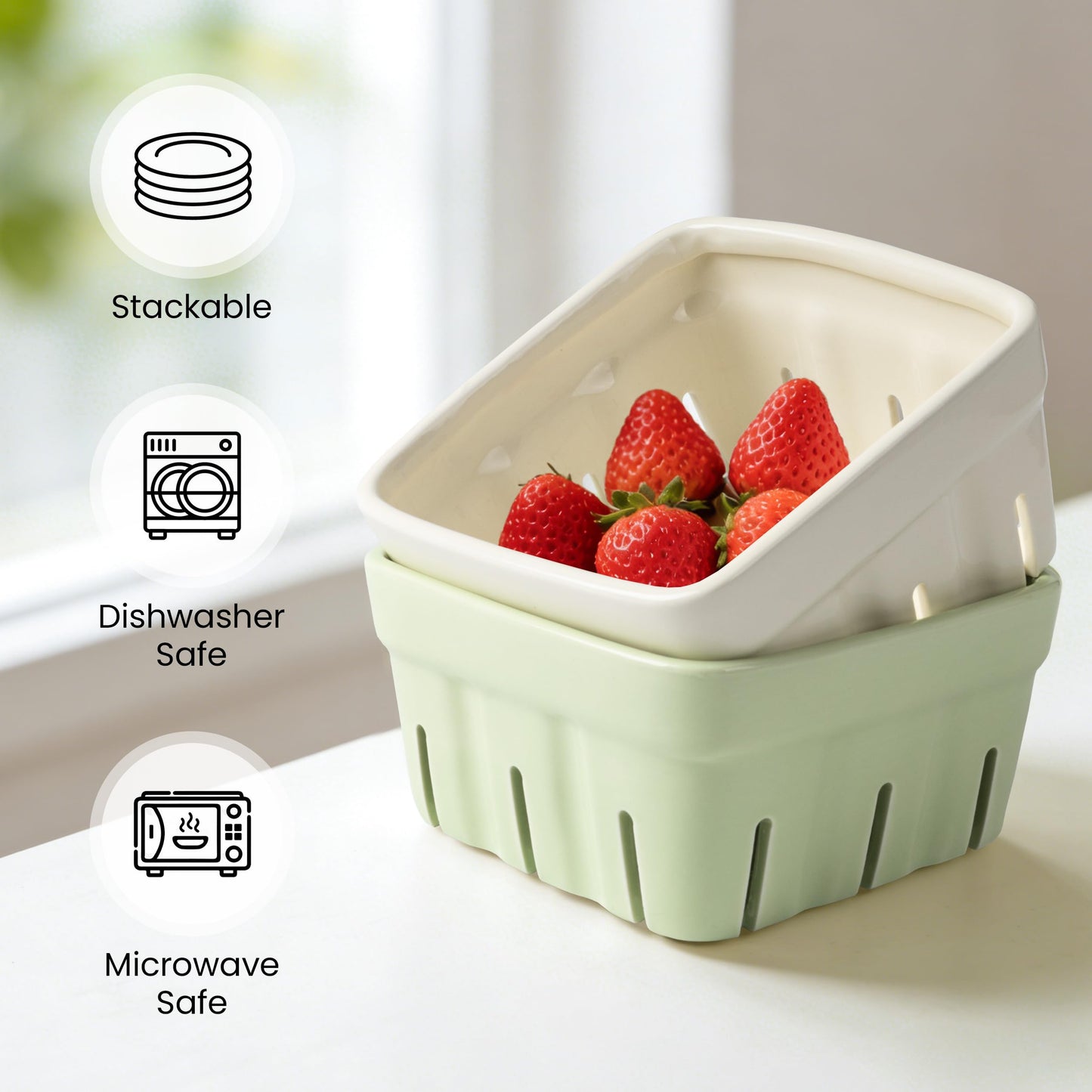 AELS Ceramic Berry Basket, 5.9" Container for Fruit & Vegetables, Farmhouse Fruit Bowl, Strawberry Decor, Farmers Market, Stoneware Harvest Bowls for Kitchen, Cream White and Matcha Latte Green