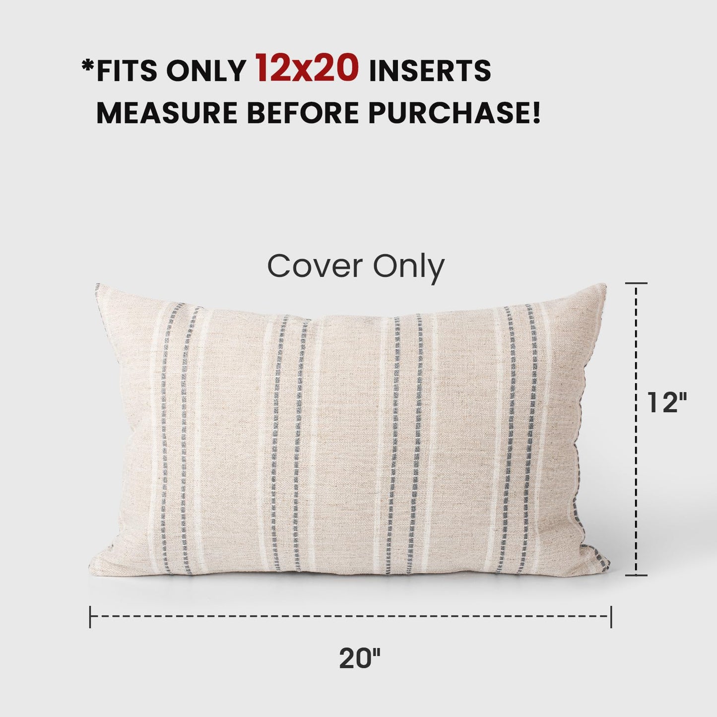 AELS 14x36 Decorative Lumbar Throw Pillow Covers, Farmhouse Linen Textured Long Pillow Case, Beige with White & Navy Blue Stitch Boho Cushion Cover for Couch Living Room (Cover ONLY)
