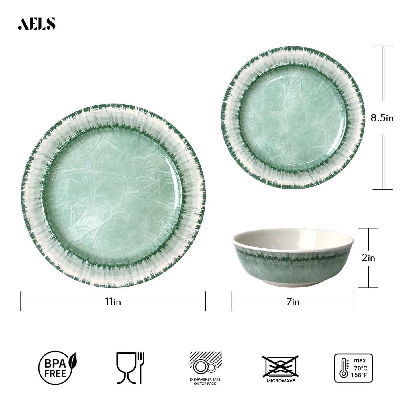 AELS Melamine Dinnerware Set of 12 Pcs Dinner Dishes Set for Indoor and Outdoor Use, Dishwasher Safe, Lightweight Unbreakable, BPA Free, Sage Green