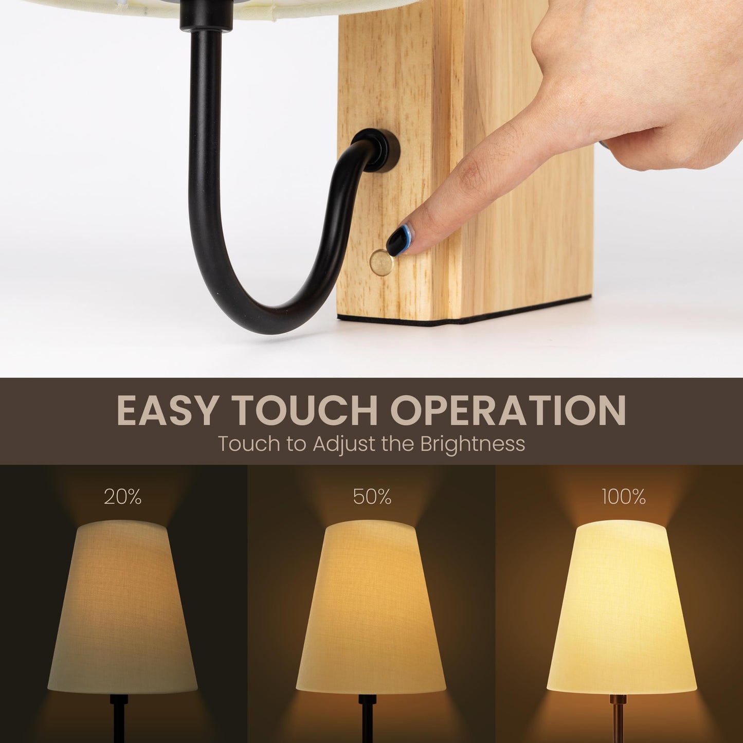 AELS Wooden Bookshelf Lamp with Bulb, Cordless Touch Dimmable Table Lamp with Linen Fabric Shade, Battery Operated, Modern Decorative Bookend, Book Sconce for Office Home Bedroom Bookshelf, Dark Brown