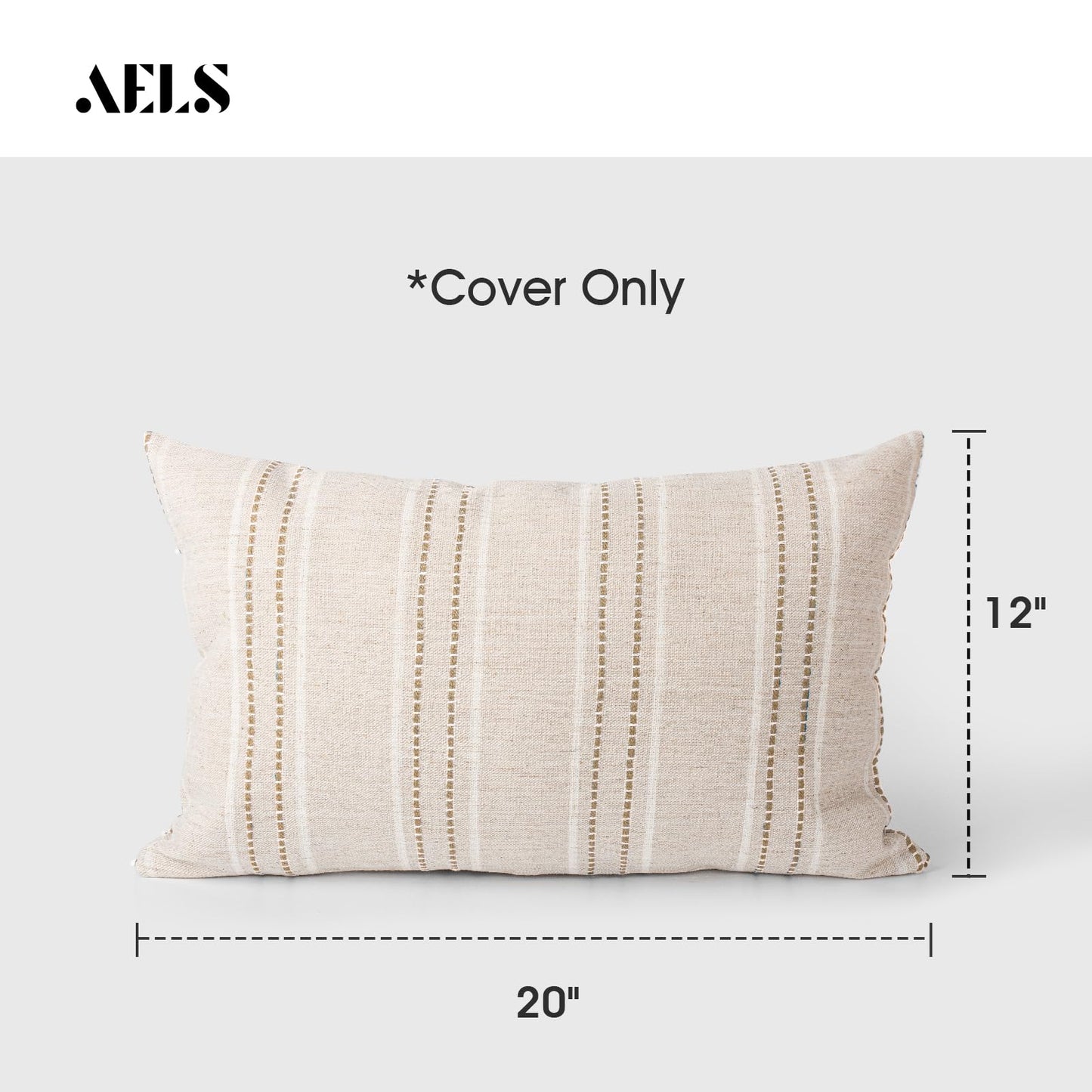 AELS 14x36 Decorative Lumbar Throw Pillow Covers, Farmhouse Linen Textured Long Pillow Case, Beige with White & Navy Blue Stitch Boho Cushion Cover for Couch Living Room (Cover ONLY)