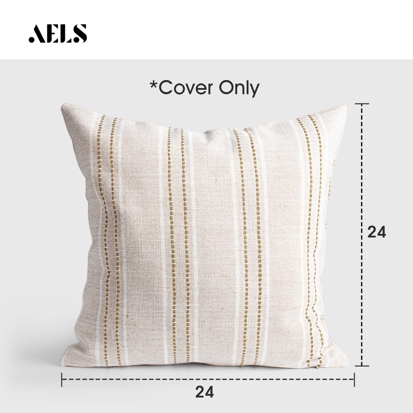 AELS 14x36 Decorative Lumbar Throw Pillow Covers, Farmhouse Linen Textured Long Pillow Case, Beige with White & Navy Blue Stitch Boho Cushion Cover for Couch Living Room (Cover ONLY)