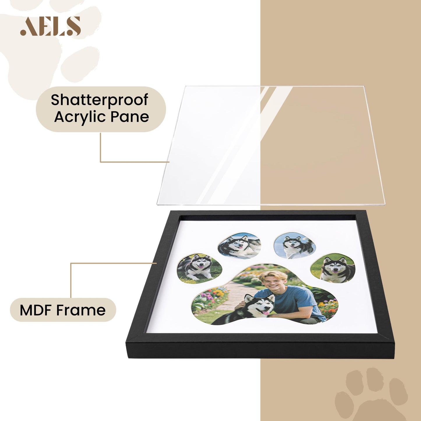 AELS Dog Paw Print Photo Collage Frame, Holds 5 Pictures of Pets & Owners, Ideal Gift for Dog Lovers Moms & Dads, Black Pet Memorial Keepsake and Wall Décor, 10.24" x 11.4"