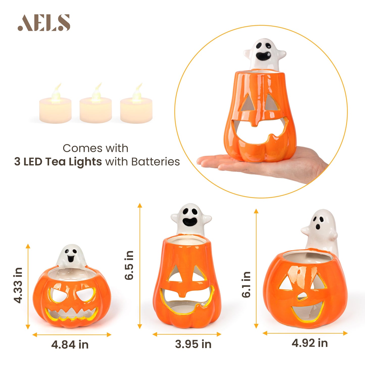 AELS Halloween Pumpkin Tealight Holders – Set of 3 Ceramic Jack O' Lantern Candle Holders with Ghosts, Spooky Sculptures Ghost Figurines, Indoor Tabletop Decorations for Holiday Party Home