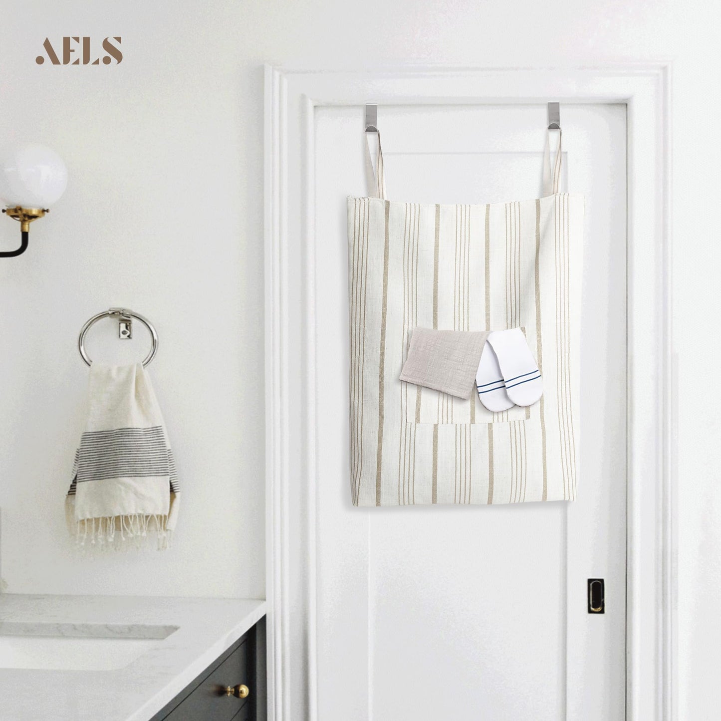 AELS Farmhouse Hanging Laundry Hamper with 2 Hooks, Washable Beige & Stripes Laundry Bag with Zipper & Wide Open Top, Over the Door Organizer for Dirty Clothes, Space Saving Storage