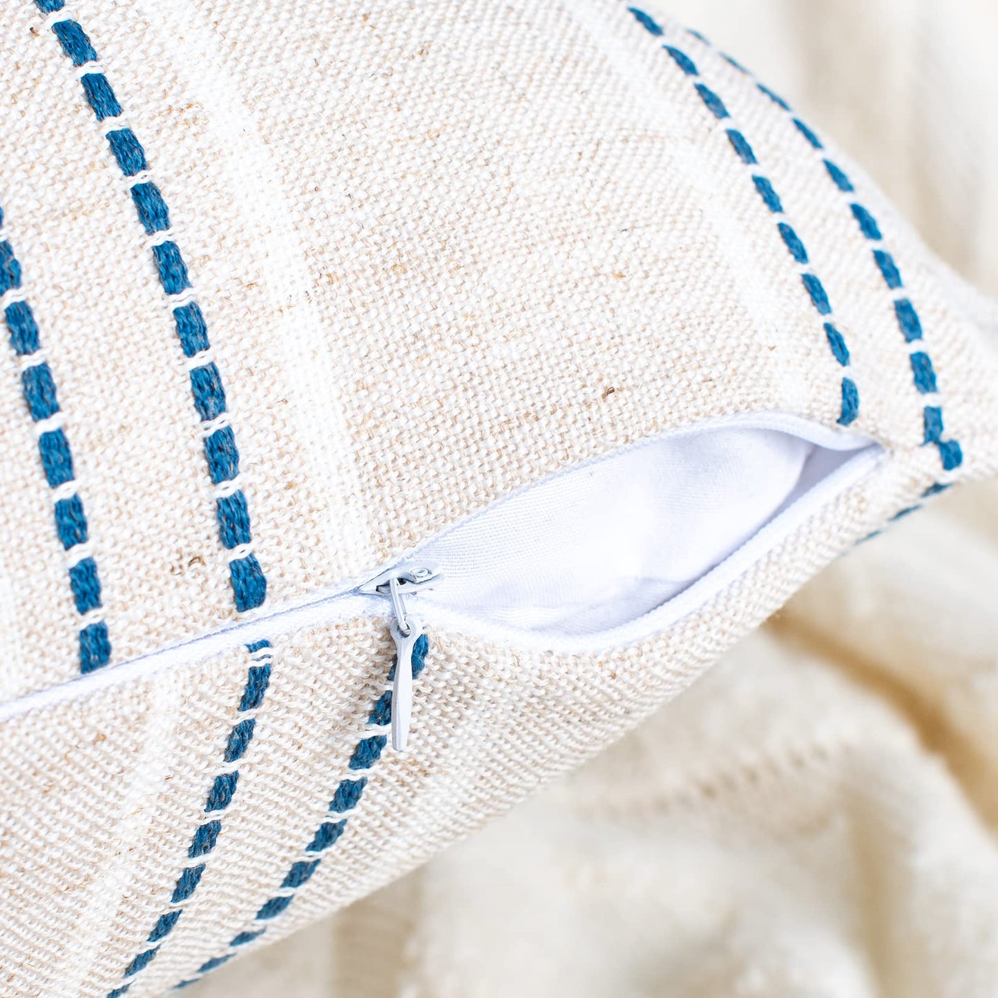 AELS 14x36 Decorative Lumbar Throw Pillow Covers, Farmhouse Linen Textured Long Pillow Case, Beige with White & Navy Blue Stitch Boho Cushion Cover for Couch Living Room (Cover ONLY)