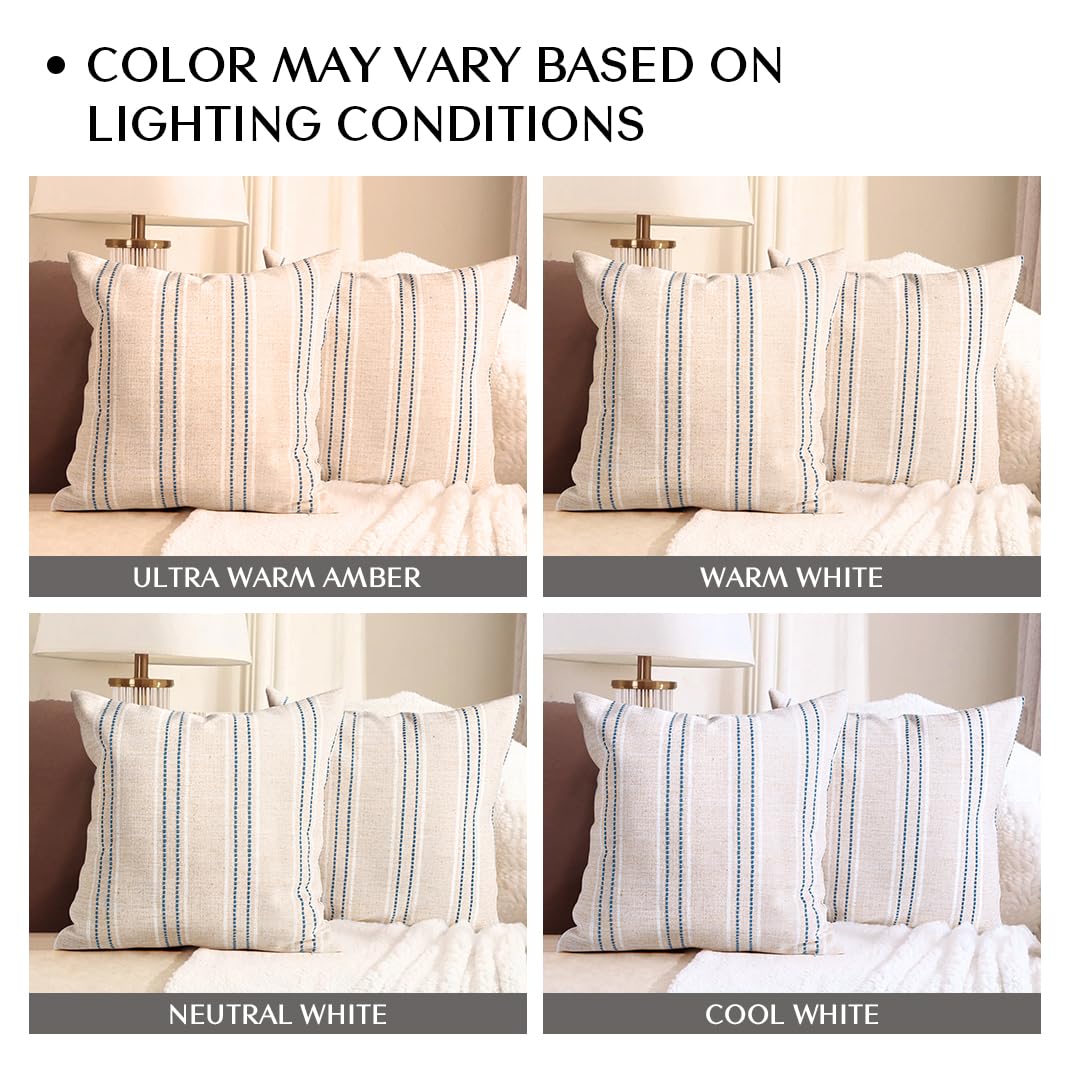 AELS 14x36 Decorative Lumbar Throw Pillow Covers, Farmhouse Linen Textured Long Pillow Case, Beige with White & Navy Blue Stitch Boho Cushion Cover for Couch Living Room (Cover ONLY)