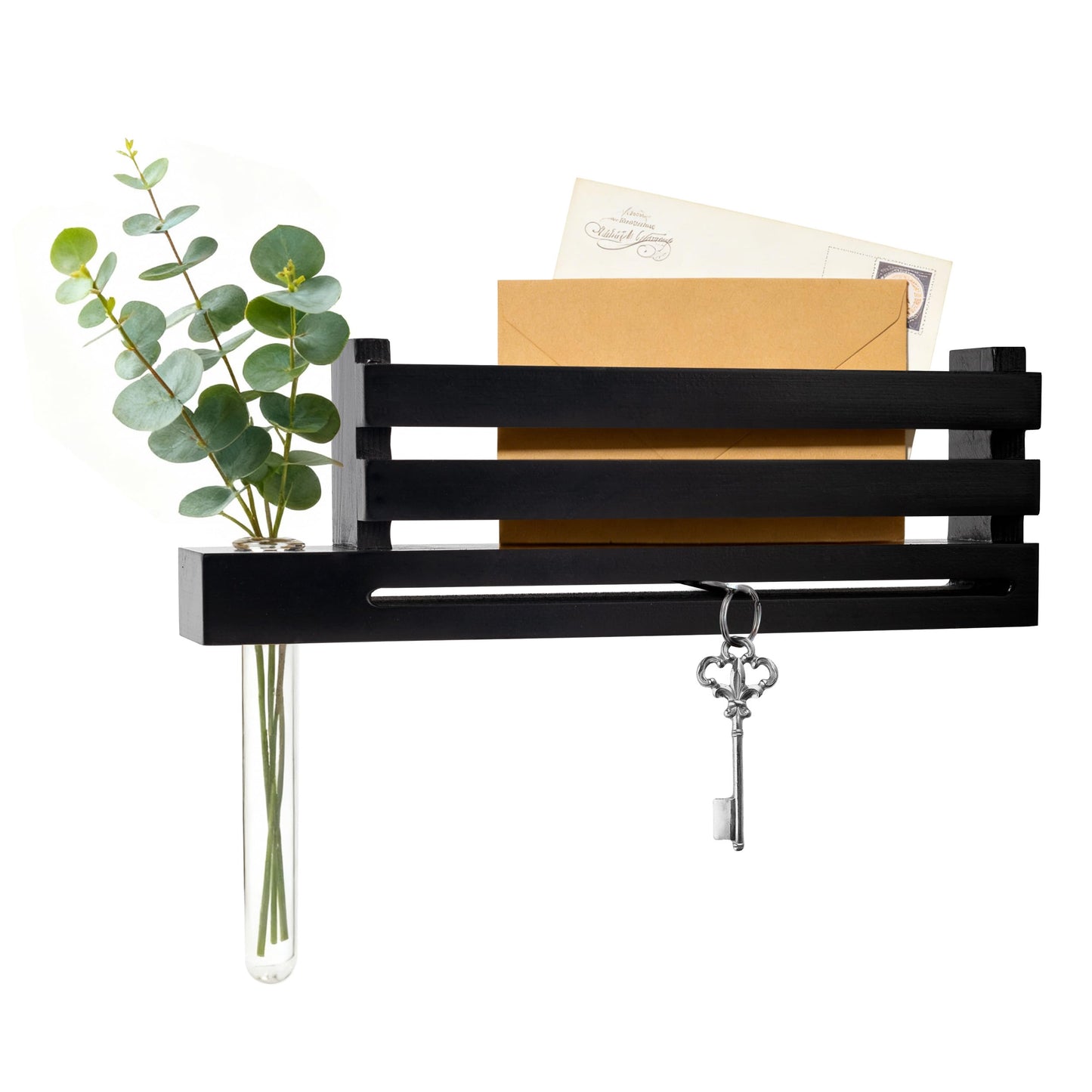 AELS Black Wall Mounted Key Holder with Acrylic Vase & Mail Organizer, Wooden Entryway Key Rack with 5.9" Test Tube Vase, Decorative Key Hanger with Slot for Keys and Letters, Gift Idea