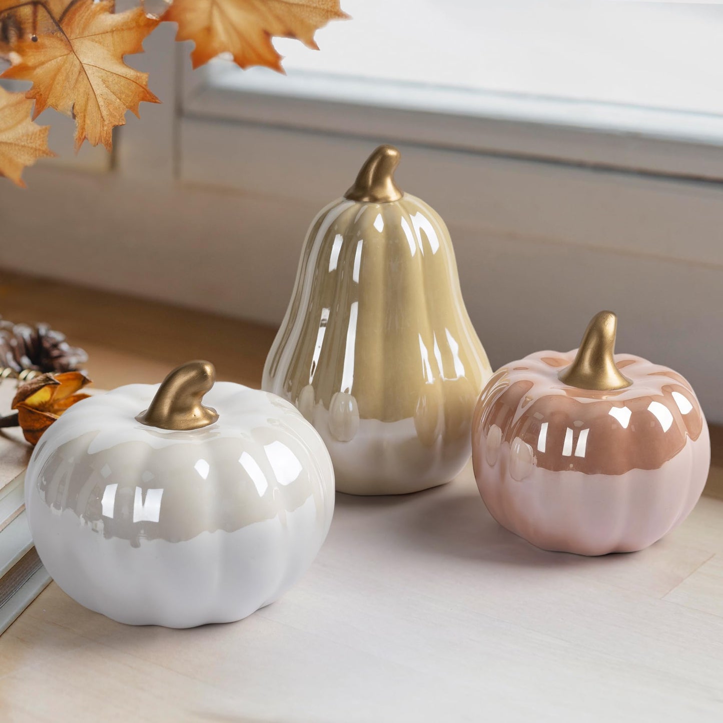 AELS Modern Ceramic Pumpkins Fall Decor Indoor, Set of 3 Chic Tabletop Decorations, Artificial Pumpkins Decor for Fall Table Runner, Office, Holiday Party Home, Black and White