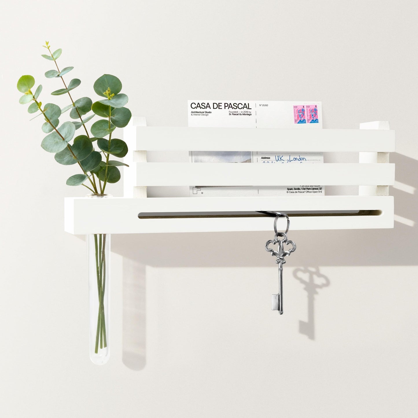 AELS Black Wall Mounted Key Holder with Acrylic Vase & Mail Organizer, Wooden Entryway Key Rack with 5.9" Test Tube Vase, Decorative Key Hanger with Slot for Keys and Letters, Gift Idea