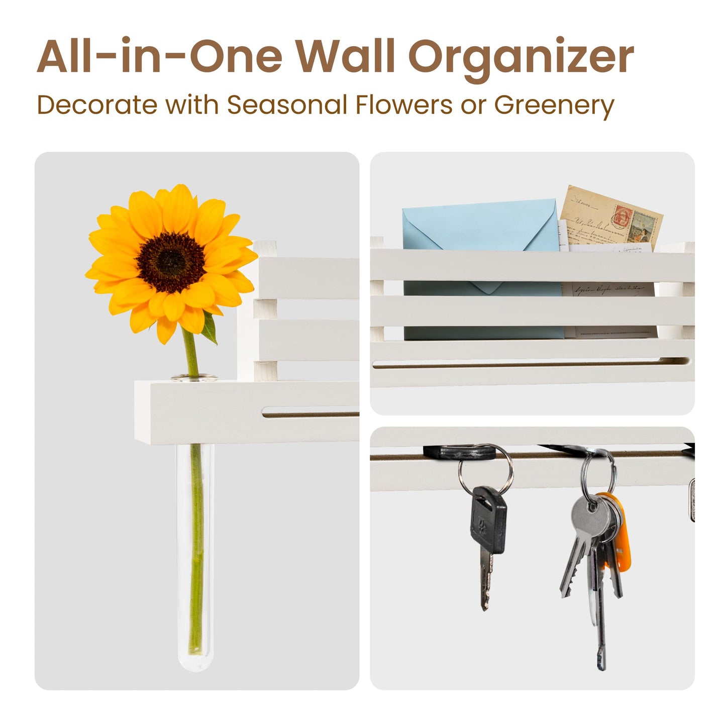 AELS Black Wall Mounted Key Holder with Acrylic Vase & Mail Organizer, Wooden Entryway Key Rack with 5.9" Test Tube Vase, Decorative Key Hanger with Slot for Keys and Letters, Gift Idea