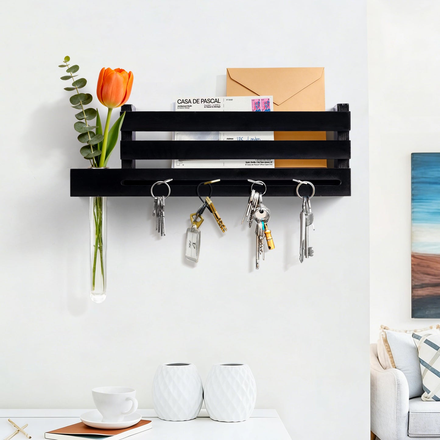 AELS Black Wall Mounted Key Holder with Acrylic Vase & Mail Organizer, Wooden Entryway Key Rack with 5.9" Test Tube Vase, Decorative Key Hanger with Slot for Keys and Letters, Gift Idea