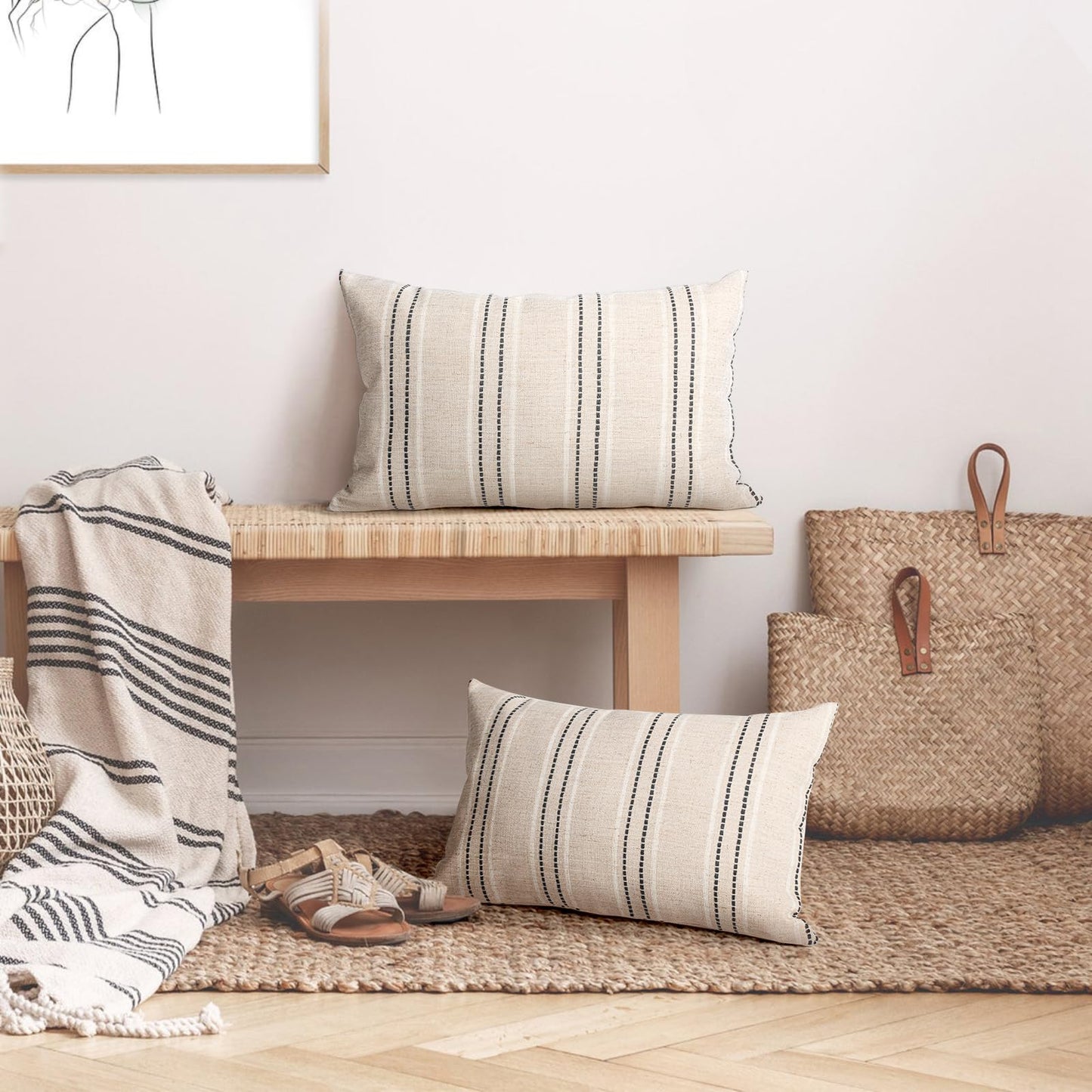 AELS 14x36 Decorative Lumbar Throw Pillow Covers, Farmhouse Linen Textured Long Pillow Case, Beige with White & Navy Blue Stitch Boho Cushion Cover for Couch Living Room (Cover ONLY)