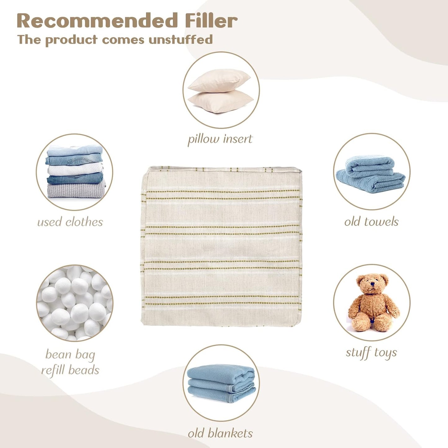 AELS Unstuffed Farmhouse Pouf Cover for Living Room, Storage Bean Bag Cubes, Off Beige & Light Brown Stripes Linen Square Ottoman Pouf Foot Rest Footstool, 18"x18"x18", Cover ONLY