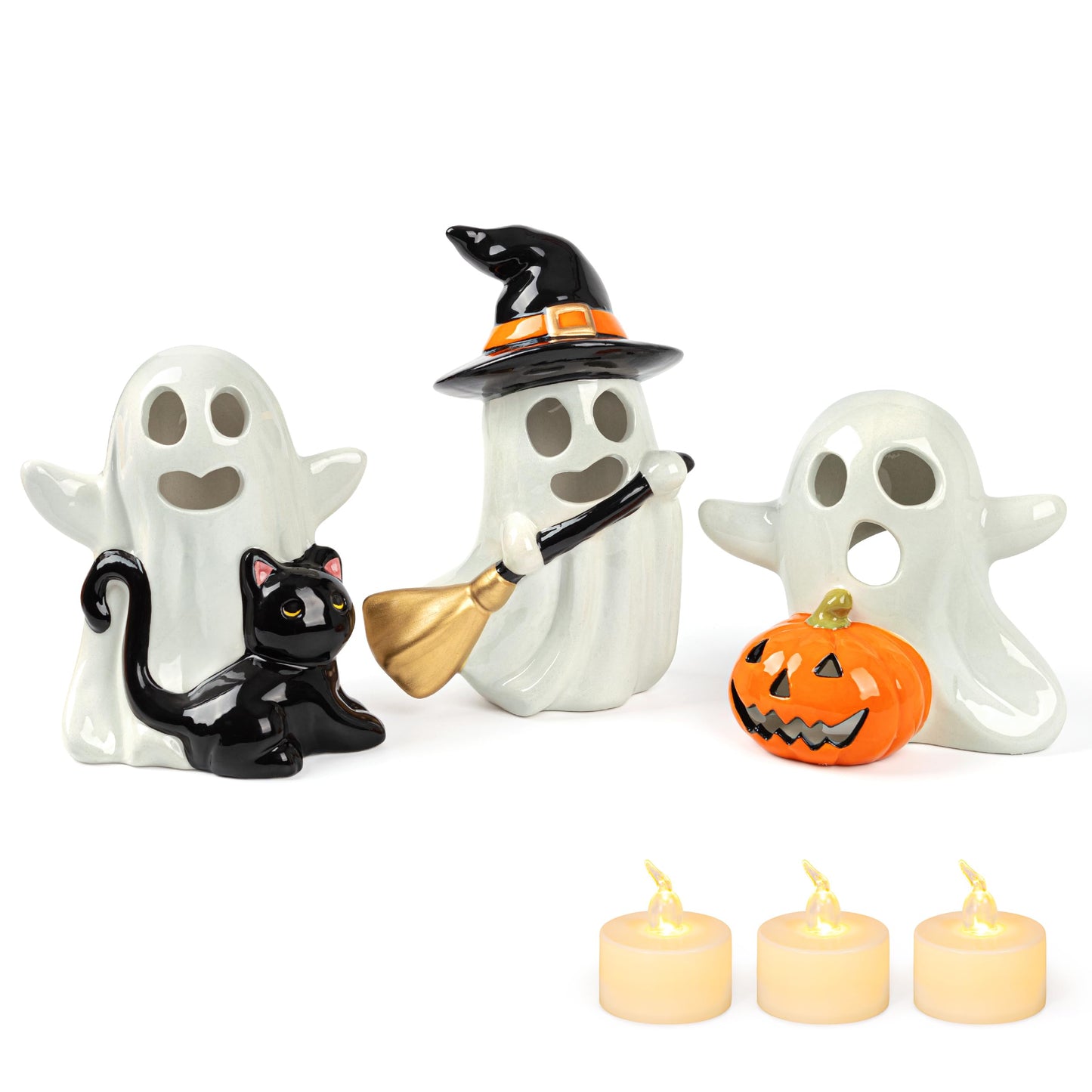 AELS Halloween Pumpkin Tealight Holders – Set of 3 Ceramic Jack O' Lantern Candle Holders with Ghosts, Spooky Sculptures Ghost Figurines, Indoor Tabletop Decorations for Holiday Party Home