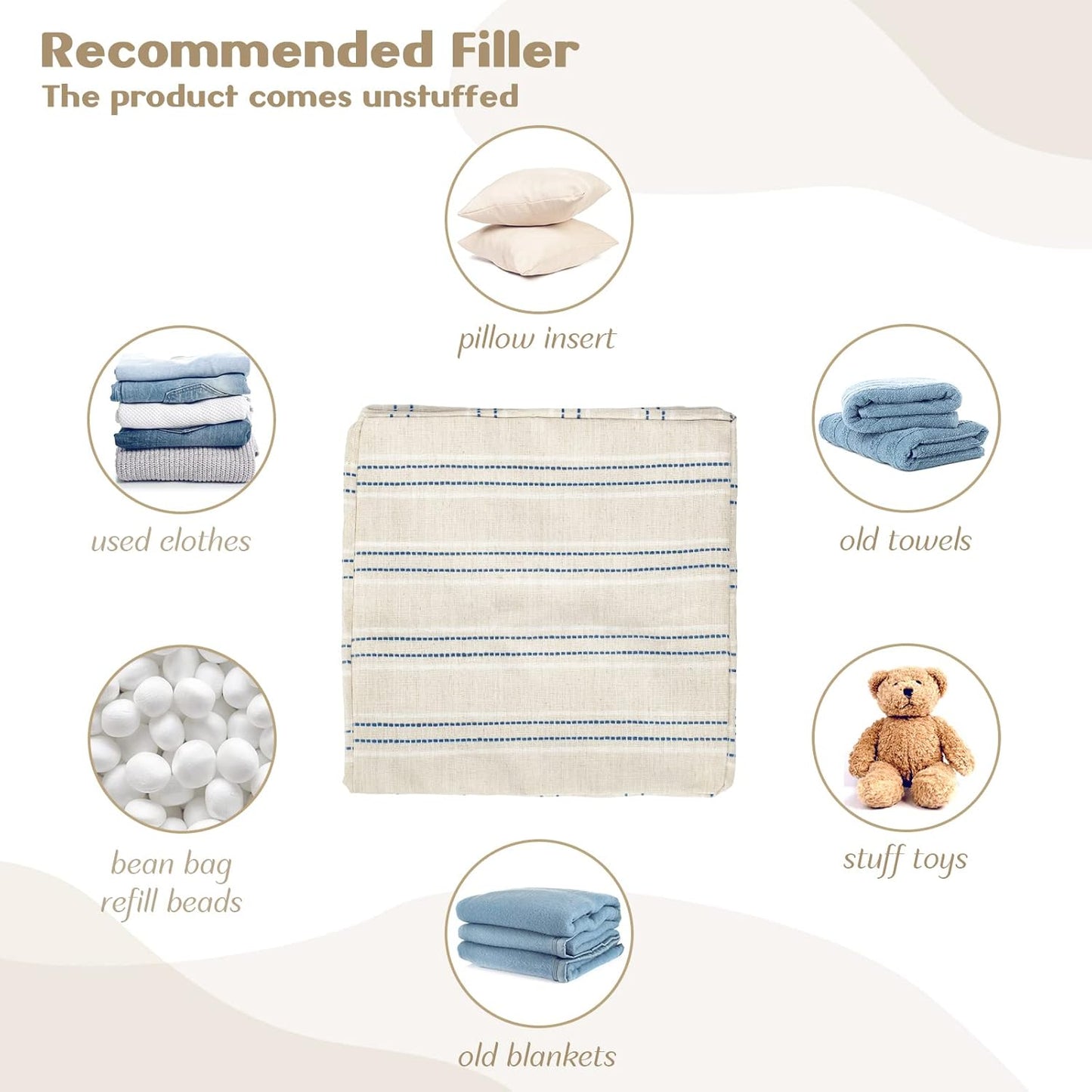 AELS Unstuffed Farmhouse Pouf Cover for Living Room, Storage Bean Bag Cubes, Off Beige & Light Brown Stripes Linen Square Ottoman Pouf Foot Rest Footstool, 18"x18"x18", Cover ONLY