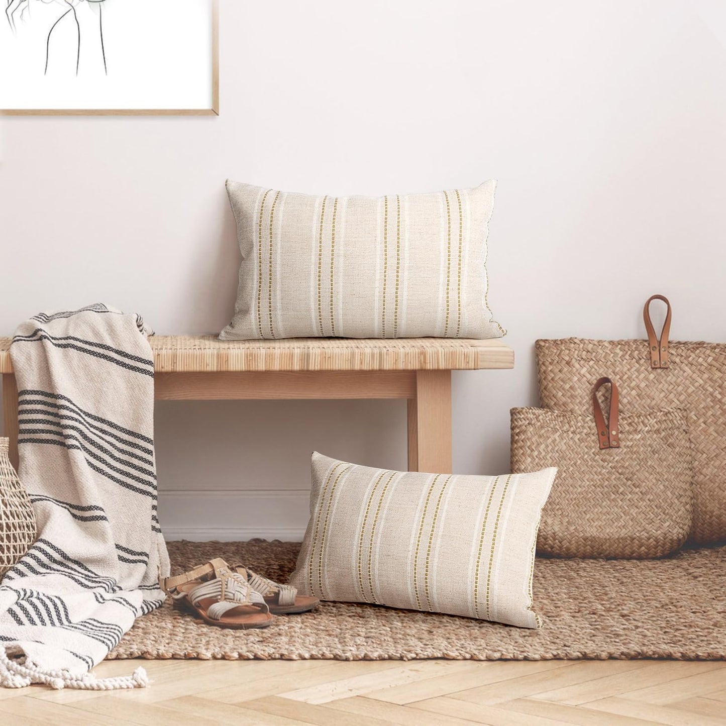AELS 14x36 Decorative Lumbar Throw Pillow Covers, Farmhouse Linen Textured Long Pillow Case, Beige with White & Navy Blue Stitch Boho Cushion Cover for Couch Living Room (Cover ONLY)