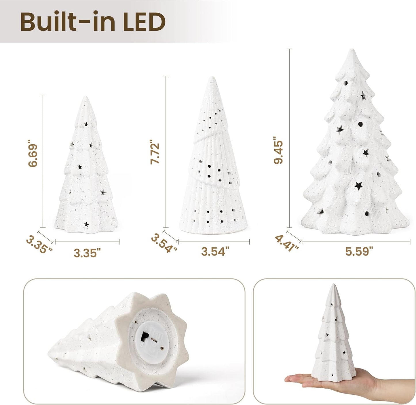 AELS Cordless Lighted Ceramic Christmas Tree, Set of 3, Matte White Tabletop Xmas Figurines Decorations with Lights for Christmas Holiday Decor, White Christmas Decorations