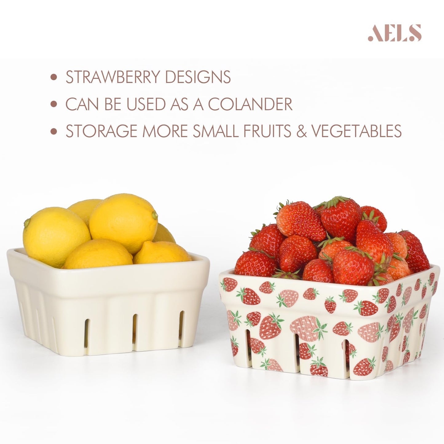 AELS Ceramic Berry Basket, 5.9" Container for Fruit & Vegetables, Farmhouse Fruit Bowl, Strawberry Decor, Farmers Market, Stoneware Harvest Bowls for Kitchen, Cream White and Matcha Latte Green