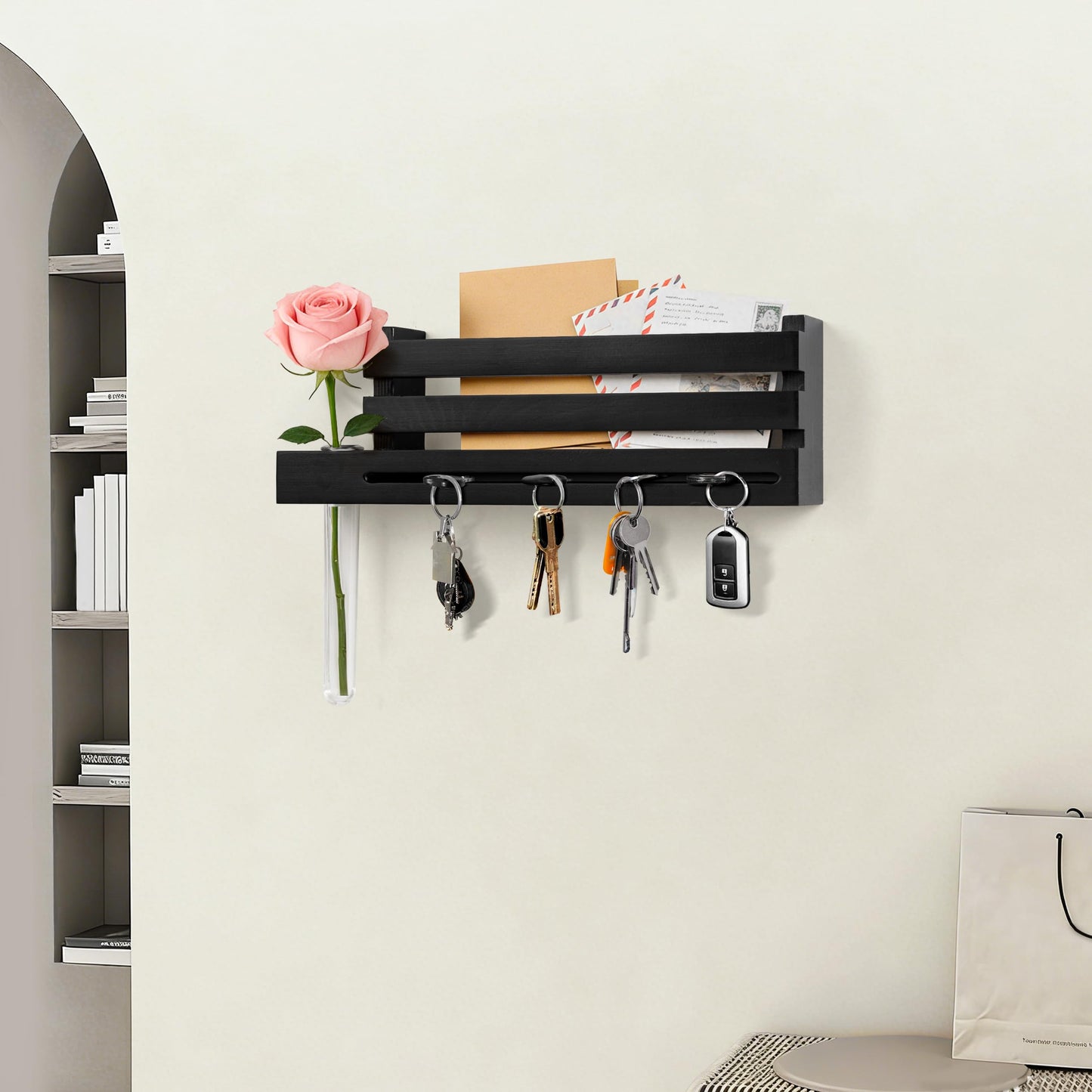 AELS Black Wall Mounted Key Holder with Acrylic Vase & Mail Organizer, Wooden Entryway Key Rack with 5.9" Test Tube Vase, Decorative Key Hanger with Slot for Keys and Letters, Gift Idea