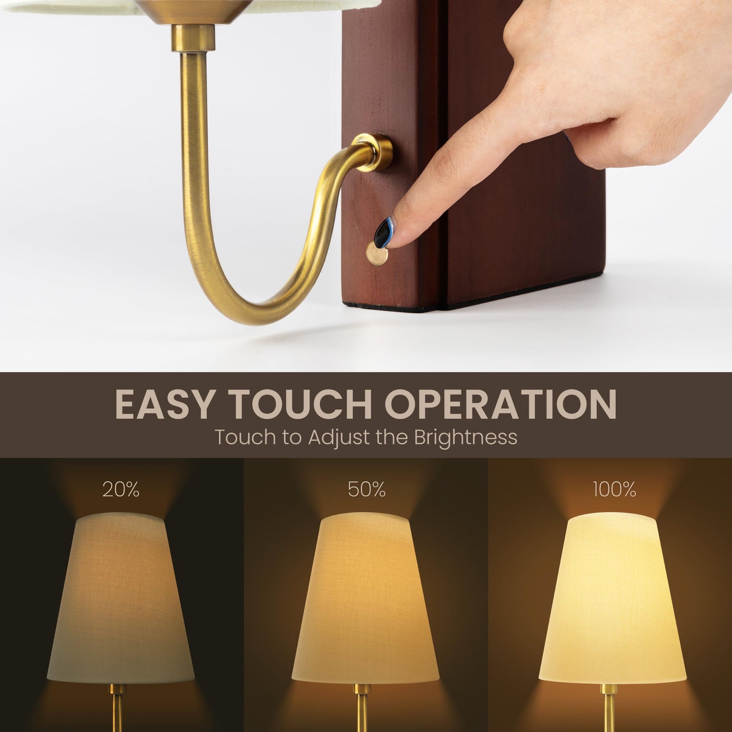 AELS Wooden Bookshelf Lamp with Bulb, Cordless Touch Dimmable Table Lamp with Linen Fabric Shade, Battery Operated, Modern Decorative Bookend, Book Sconce for Office Home Bedroom Bookshelf, Dark Brown