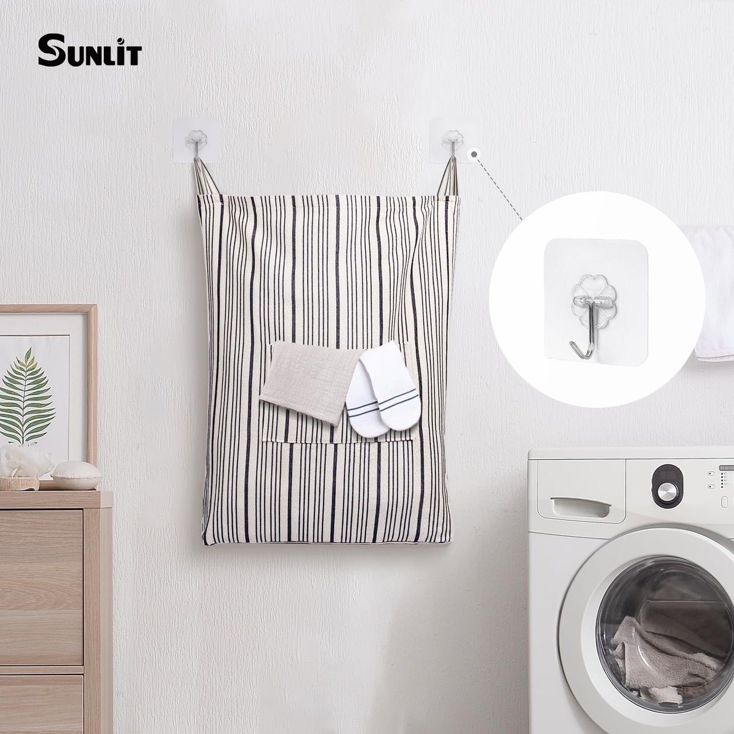 AELS Farmhouse Hanging Laundry Hamper with 2 Hooks, Washable Beige & Stripes Laundry Bag with Zipper & Wide Open Top, Over the Door Organizer for Dirty Clothes, Space Saving Storage