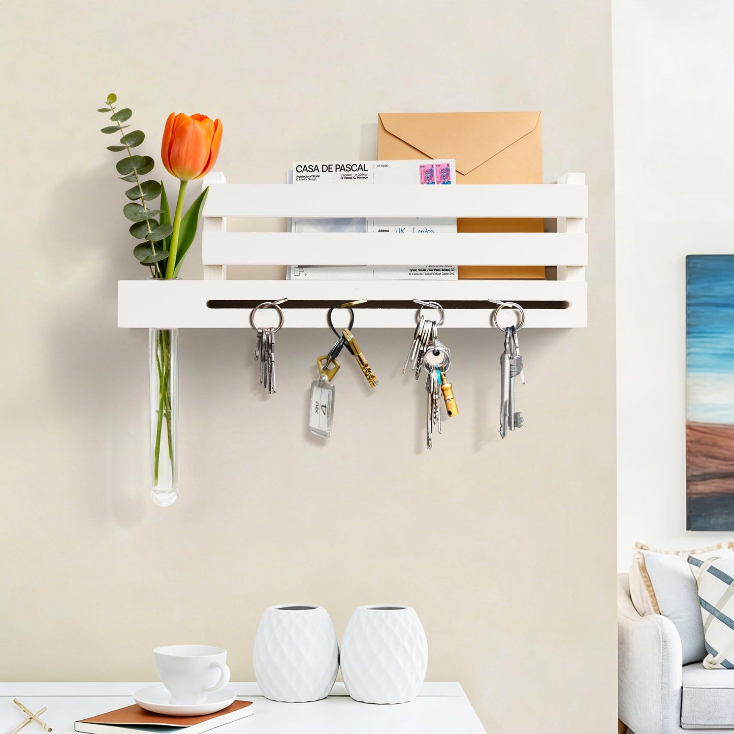 AELS Black Wall Mounted Key Holder with Acrylic Vase & Mail Organizer, Wooden Entryway Key Rack with 5.9" Test Tube Vase, Decorative Key Hanger with Slot for Keys and Letters, Gift Idea